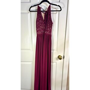 Morgan & Co. Burgundy‎ Lace Bodice Sequin Maxi Dress Formal Gown Wedding